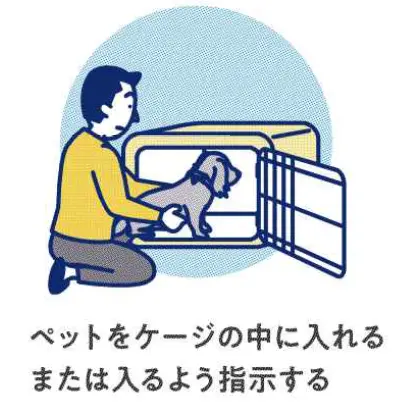 ペットをケージの中に入れるまたは入るように指示する