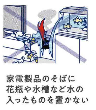 家電製品のそばに花瓶や水槽など水の入ったものを置かない