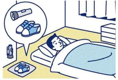 寝室には懐中電灯と履物を