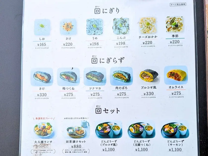 回にぎりと回にぎらずのメニュー表