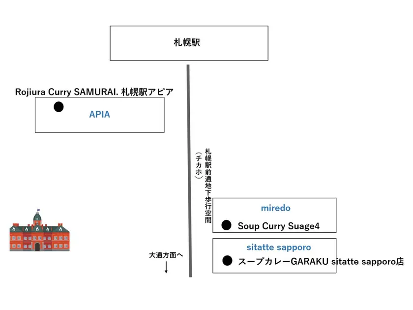 札幌駅周辺の有名スープカレー店の位置